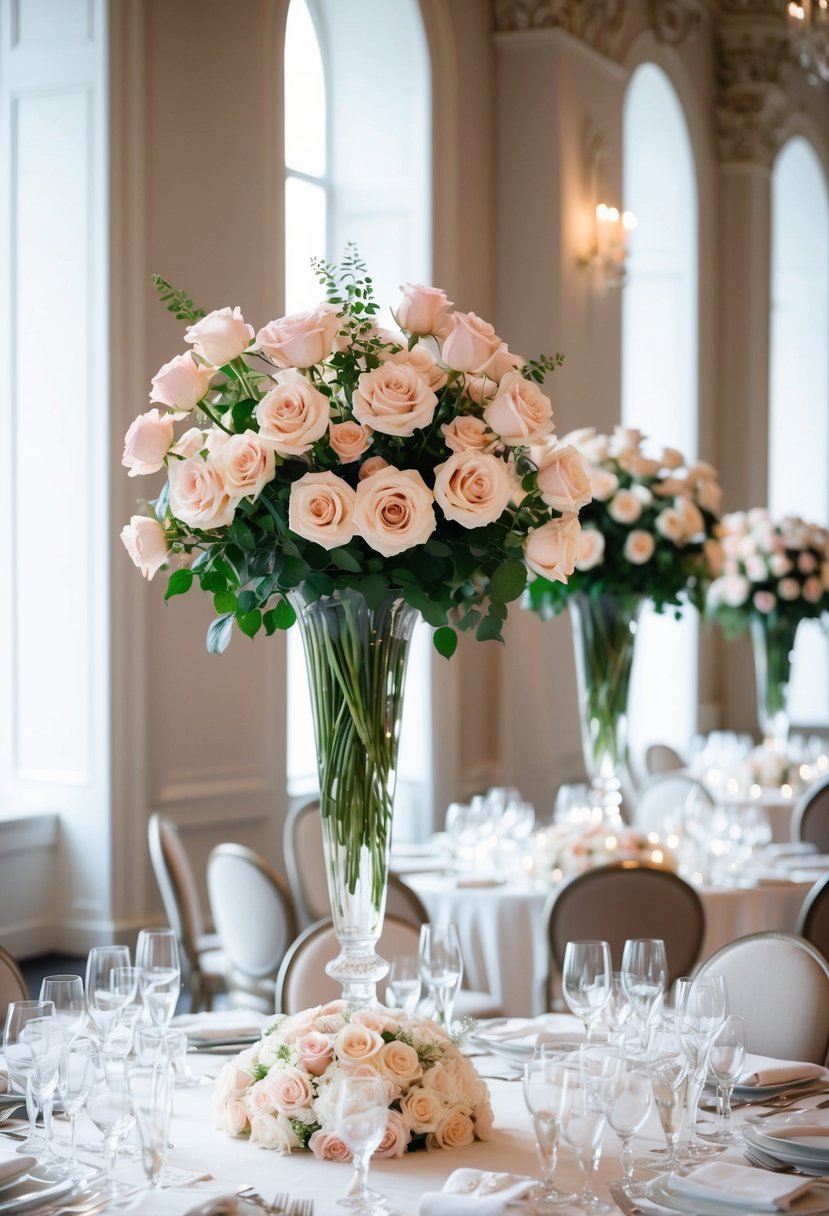 Tall vases filled with roses adorn an elegant wedding table, creating a romantic and sophisticated atmosphere