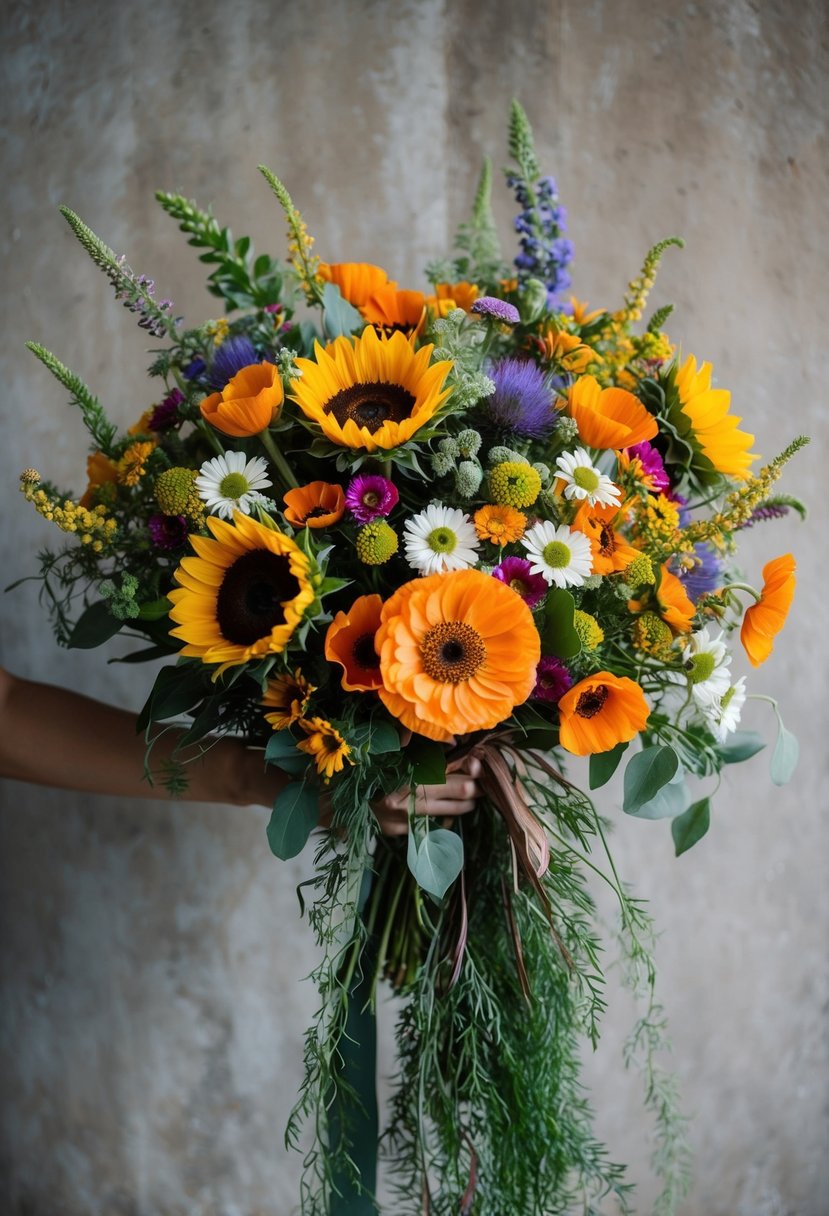 A lush bouquet of wildflowers in vibrant hues, including sunflowers, daisies, and poppies, arranged in a rustic, hand-tied style with trailing greenery