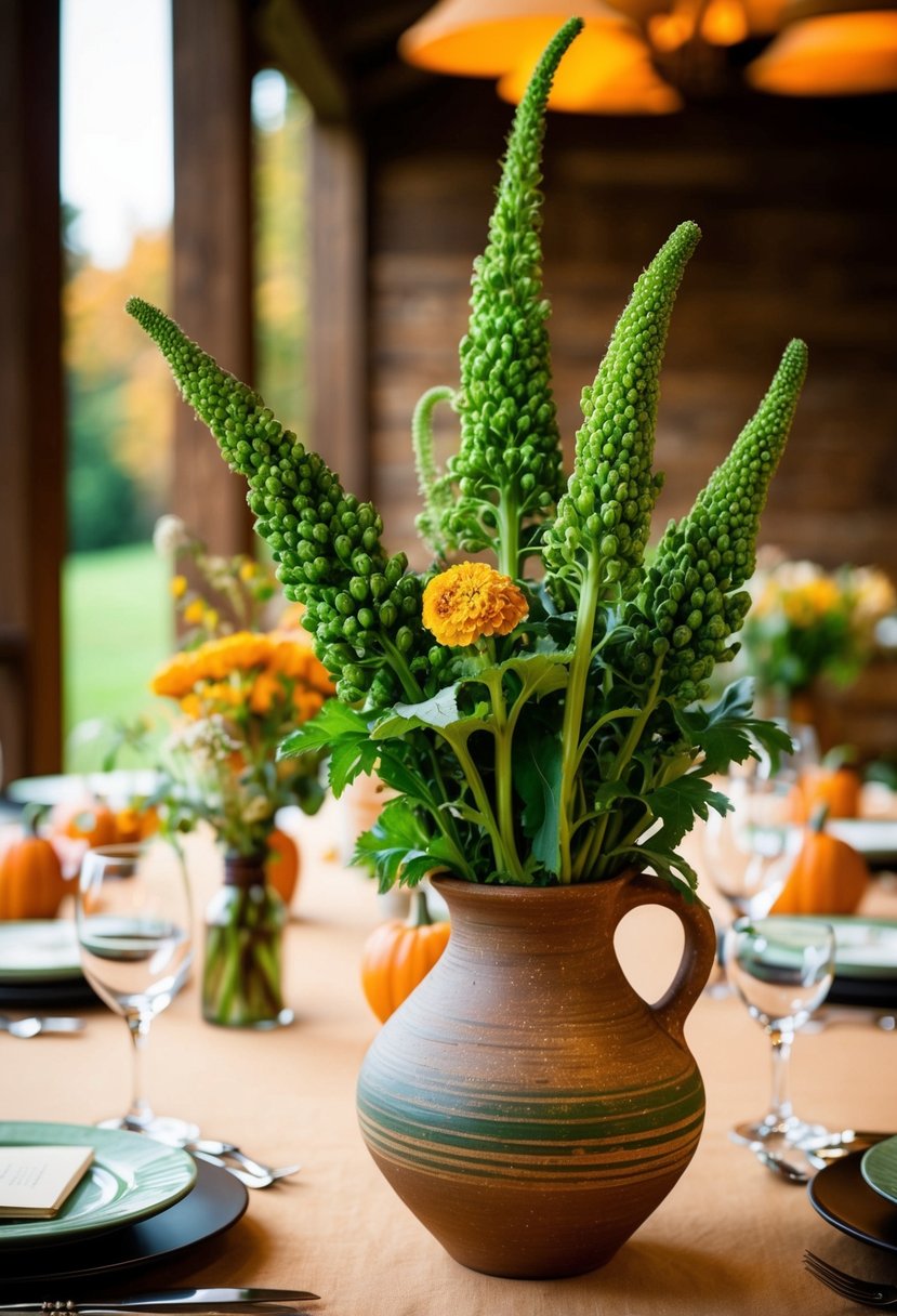 A rustic pottery vase filled with green amaranth sits as a centerpiece on an autumn wedding table