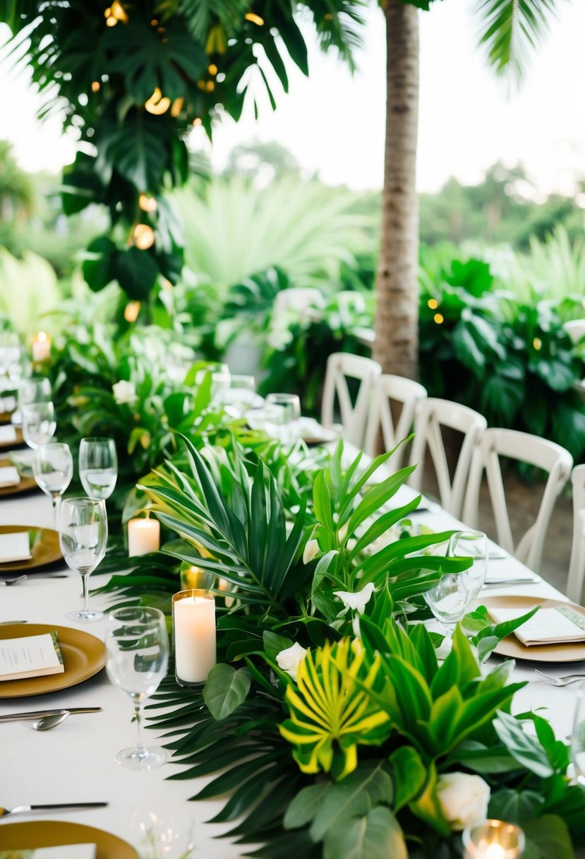 Lush tropical foliage and vibrant greenery adorn an August wedding table, creating a fresh and organic atmosphere