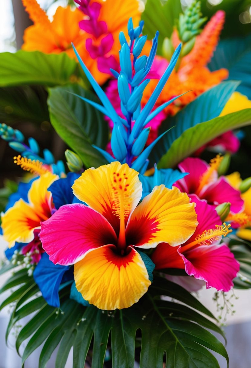 A colorful burst of tropical hibiscus flowers in a vibrant wedding bouquet