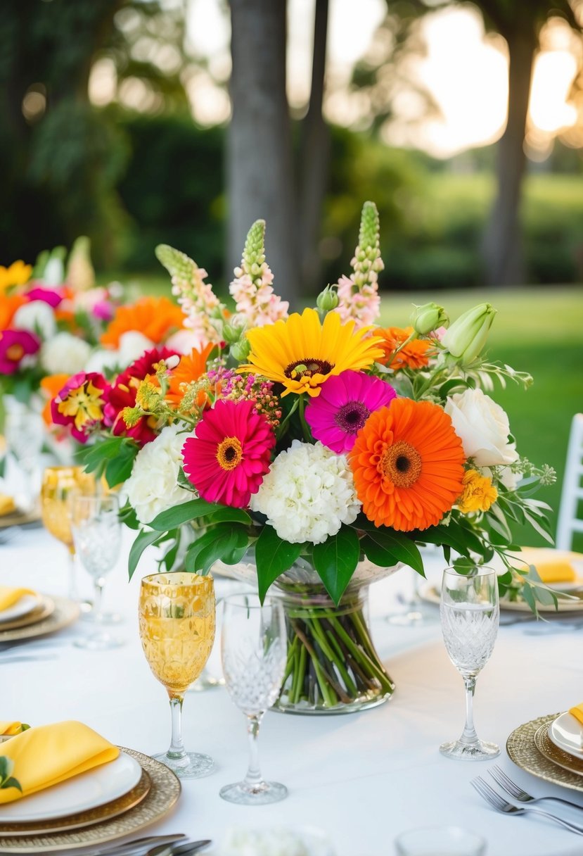 Vibrant flowers adorn elegant white tables for a summer wedding