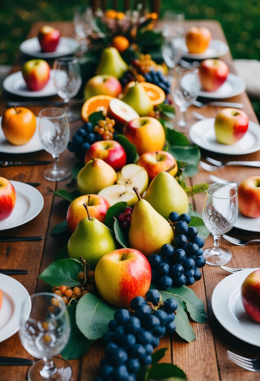 A rustic wooden table adorned with an array of vibrant fresh fruits, including apples, pears, and grapes, serving as a centerpiece for an autumn wedding celebration