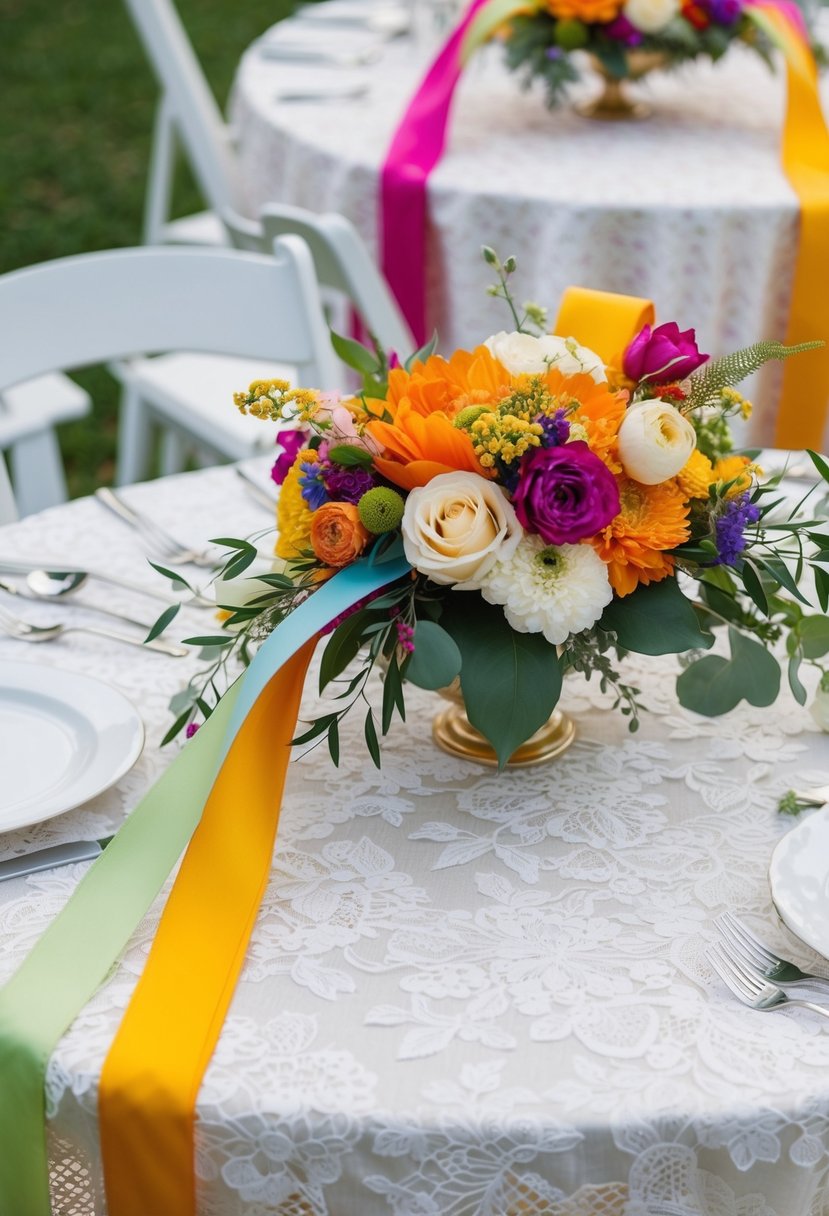 Lace linens adorned with colorful ribbons and floral accents for an elegant August wedding table setting