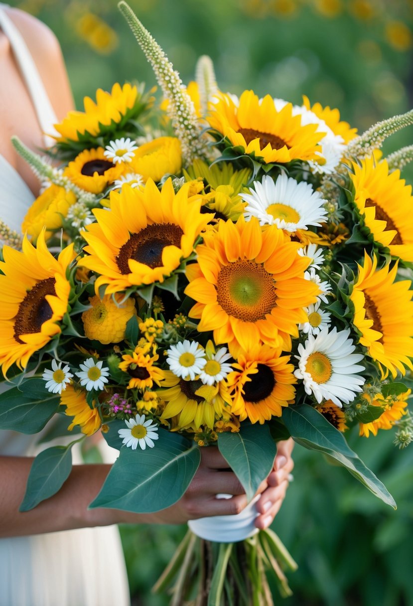 A vibrant mix of sunflowers, daisies, and wildflowers arranged in a bright wedding bouquet