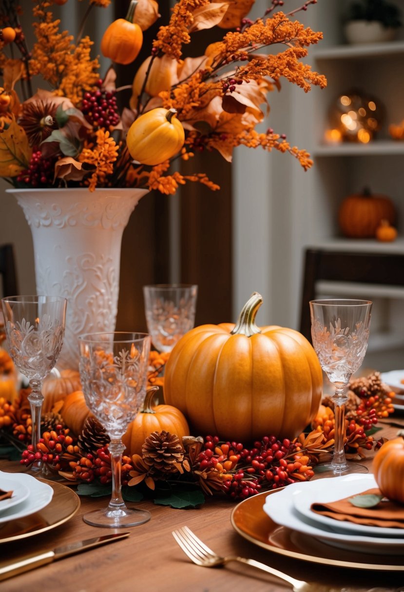 An elegant fall table adorned with warm-hued autumn decorations