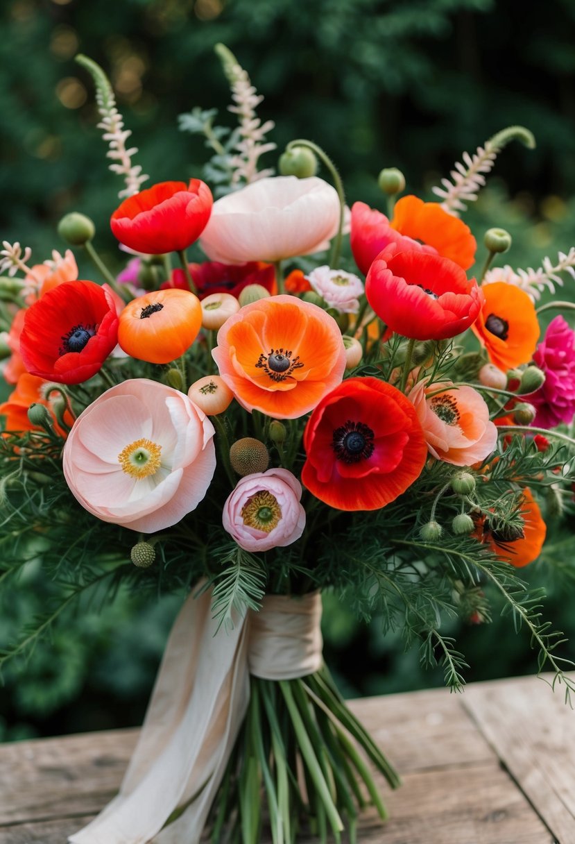 A lush bouquet of ranunculus and poppies in vibrant shades of red, pink, and orange, accented with delicate greenery and tied with a flowing ribbon