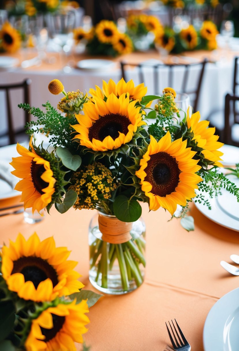 A vibrant bouquet of sunflowers and mini greens adorns an August wedding table