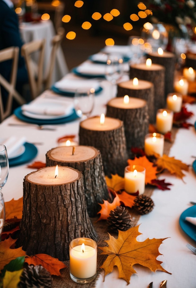 Tree stumps arranged with autumn leaves and candles on a wedding reception table