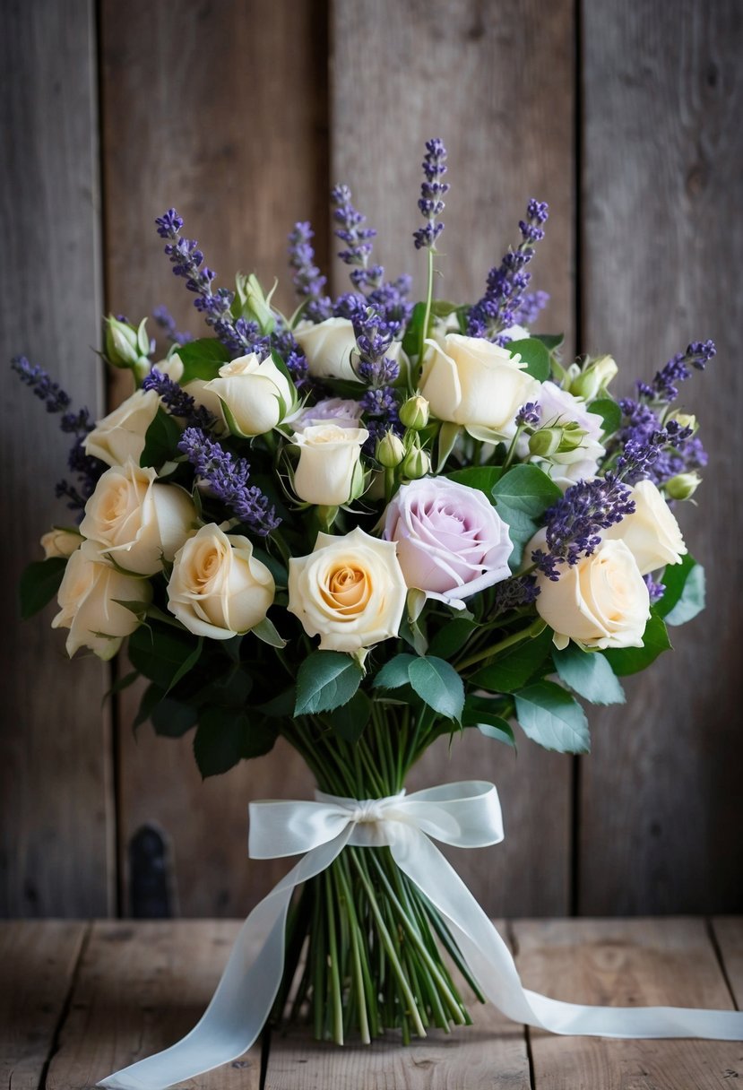 A lush bouquet of fresh roses and lavender tied with a delicate ribbon, set against a rustic wooden backdrop