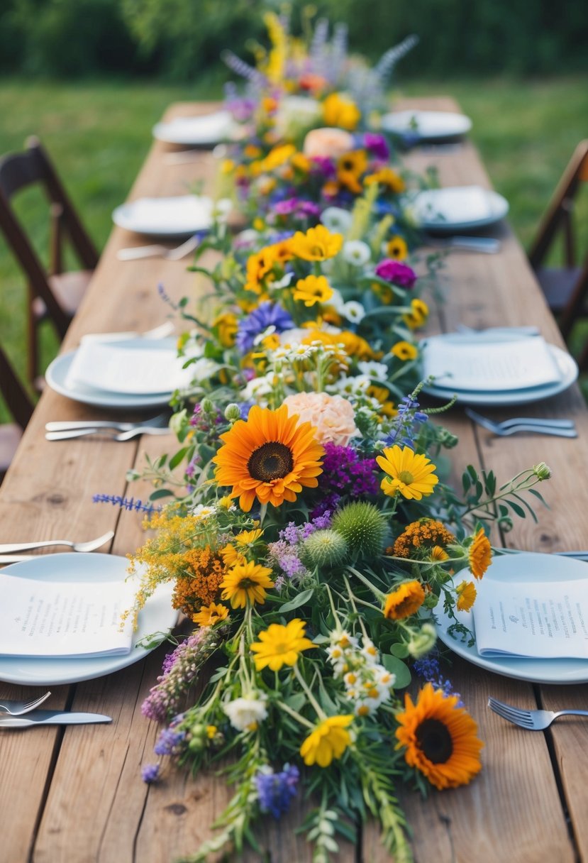 A rustic wooden table adorned with a colorful array of handpicked wildflowers, creating a charming and natural August-themed wedding decoration