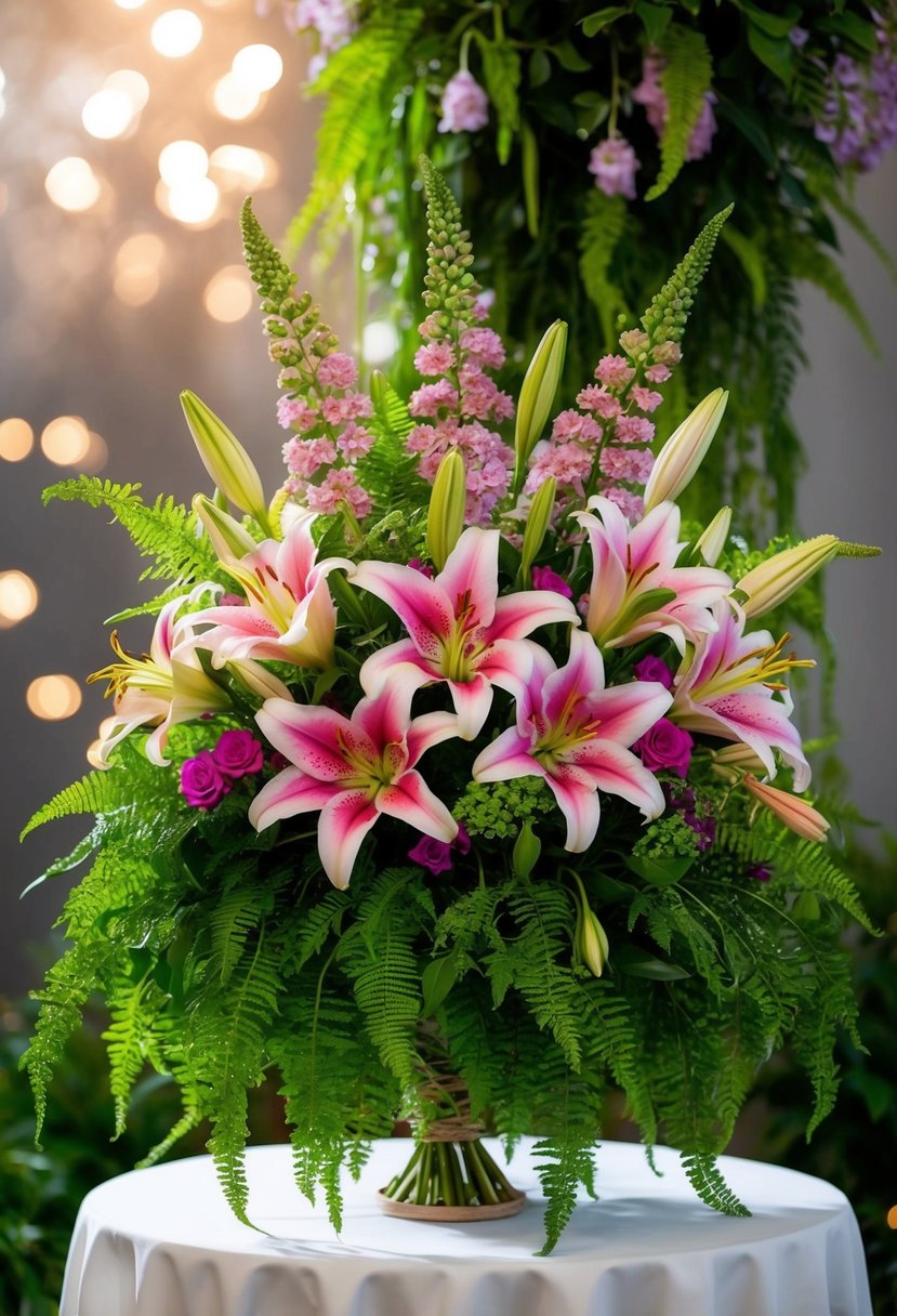 A lush bouquet of vibrant lilies and ferns, arranged in a fantasy-inspired style, with cascading greenery and pops of colorful blooms