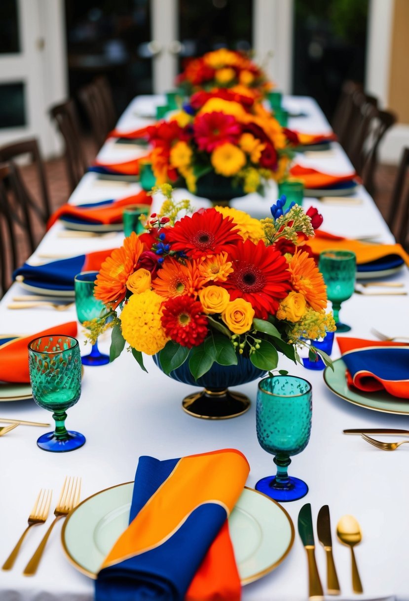 Vibrant red, orange, and yellow floral centerpieces on white tablecloths with gold accents. Blue and green glassware and bold-colored napkins