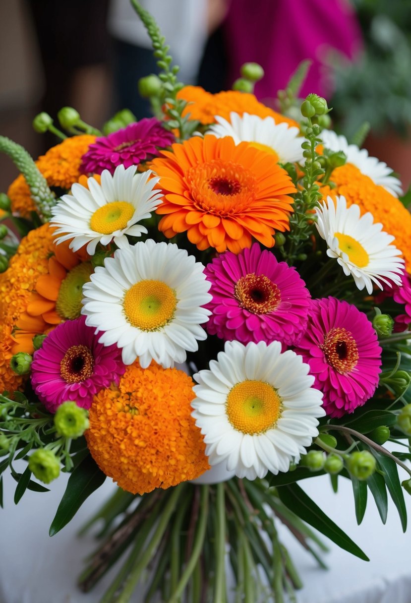 A colorful fusion of daisies and marigolds arranged in a vibrant wedding bouquet