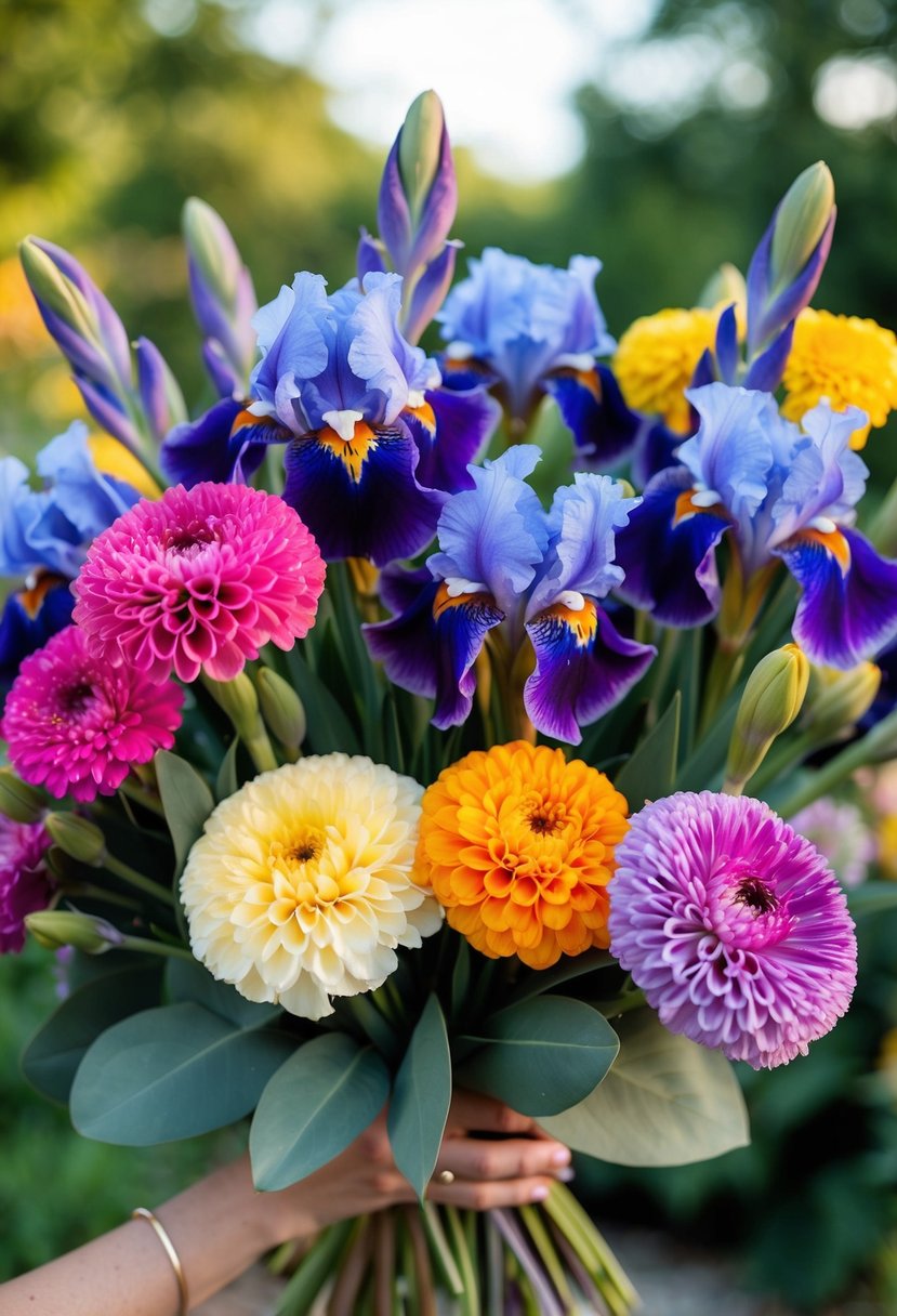 A colorful array of irises and zinnias in a lush wedding bouquet