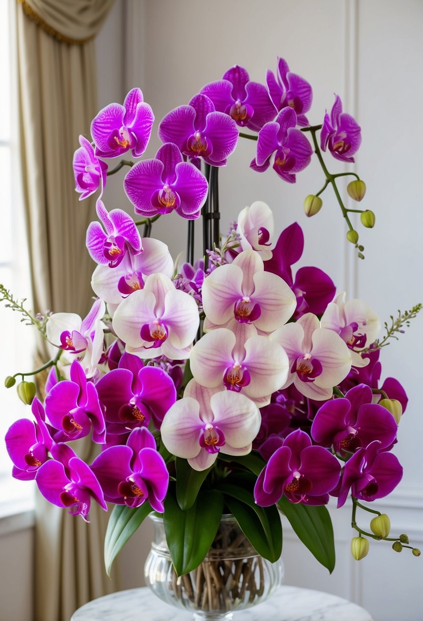 A lush bouquet of orchids and clematis in vibrant shades, arranged with elegance and grace