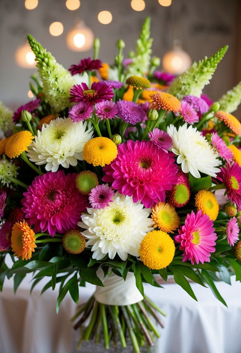 A lush wedding bouquet bursting with vibrant chrysanthemums and asters, arranged in a stunning display of color and elegance