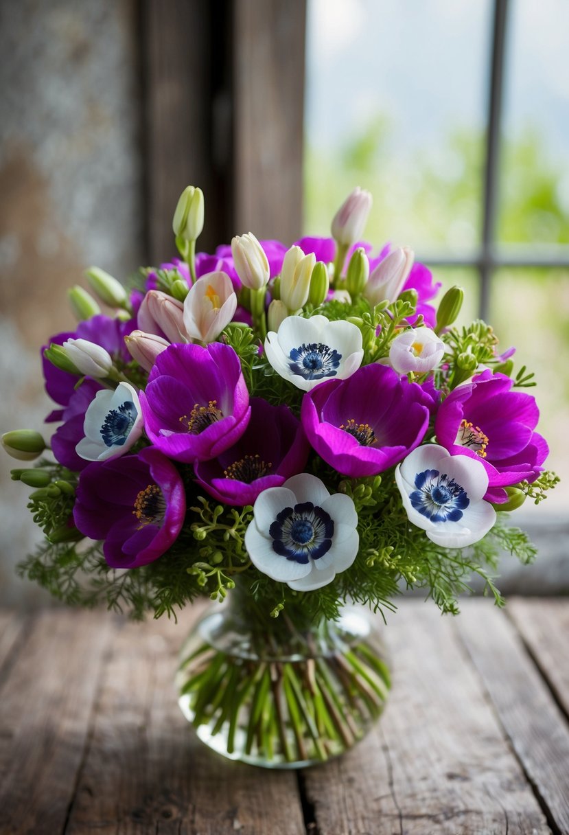 A vibrant bouquet of Freesia and Anemone flowers in a rustic, natural setting with soft, diffused lighting