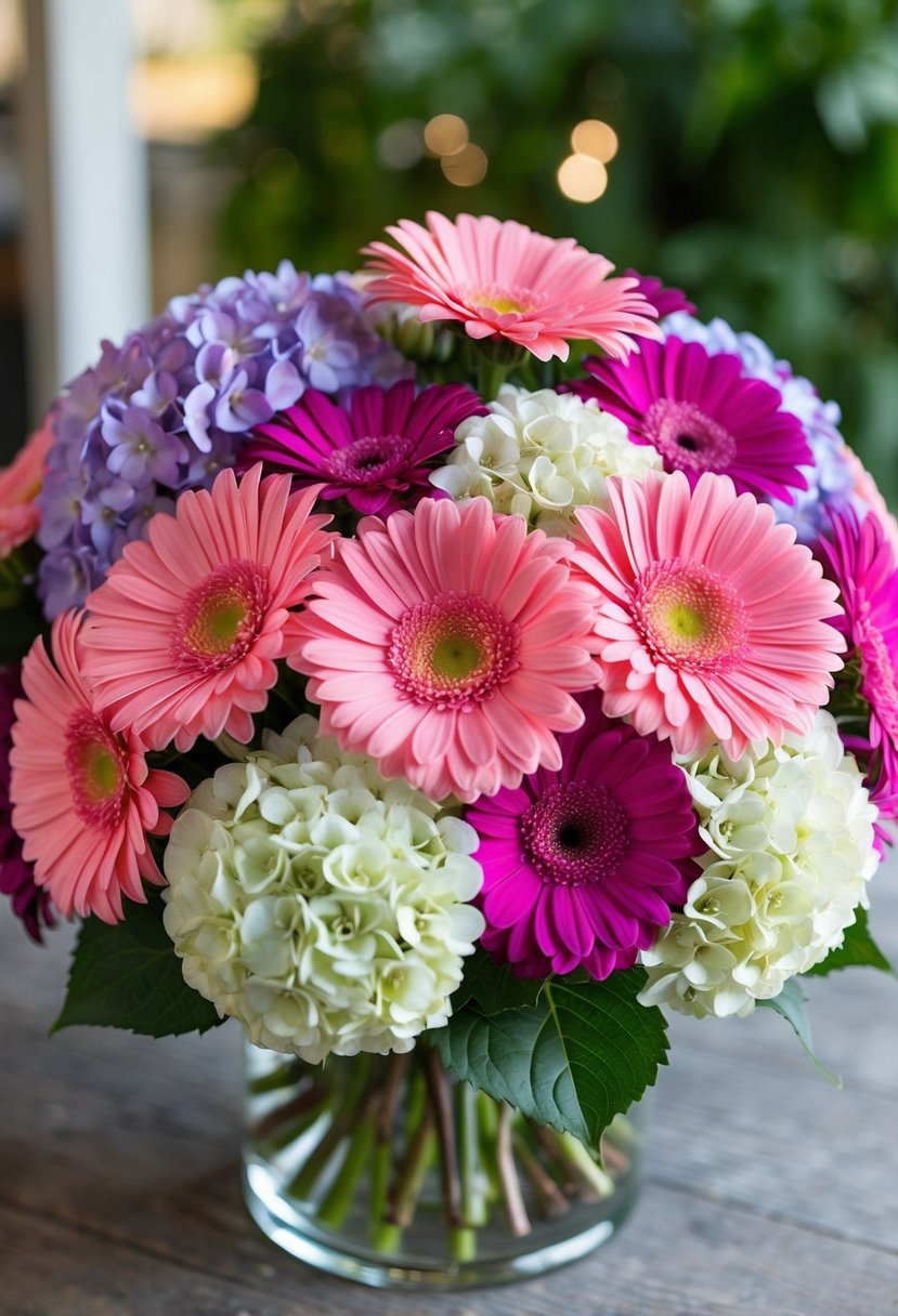 A lush bouquet of vibrant gerbera daisies and hydrangeas in harmonious shades of pink, purple, and white, arranged in a cascading style