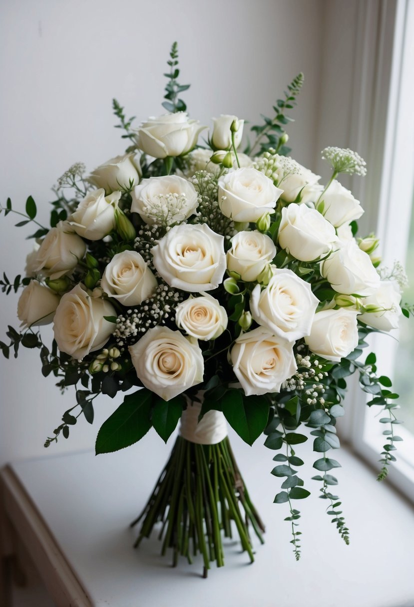 A delicate bouquet of white roses arranged in a cascading style, with lush greenery and delicate baby's breath interspersed throughout