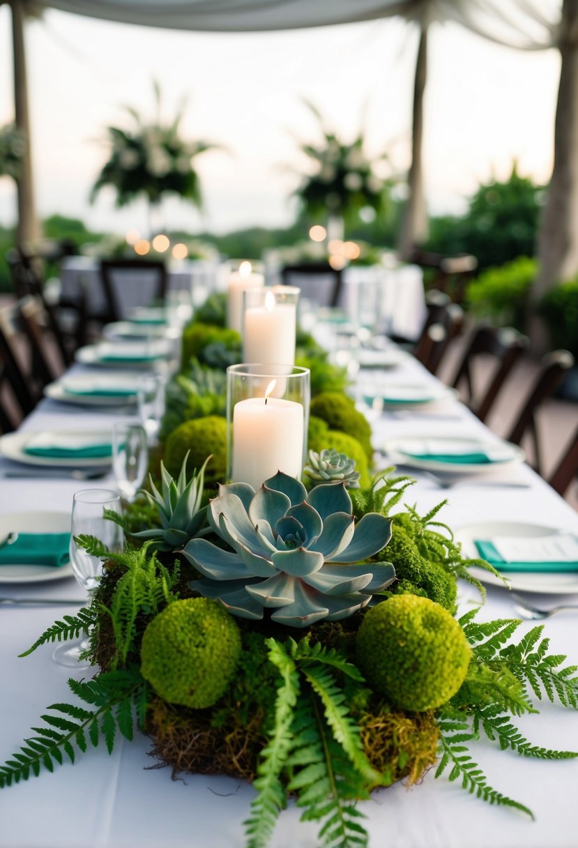 A lush greenery centerpiece with succulents, ferns, and moss adorning a wedding table