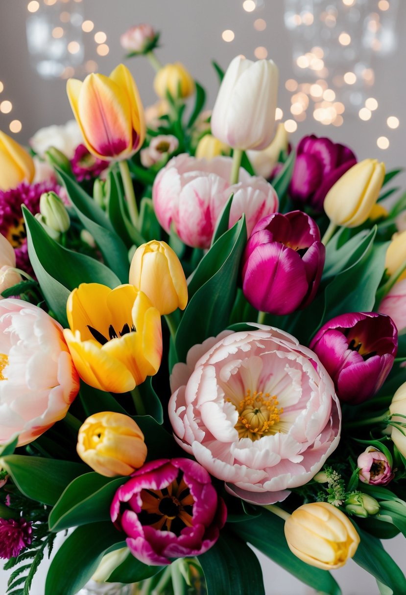 A lush, colorful wedding bouquet featuring vibrant tulips and peonies in various shades, arranged in an elegant and romantic composition