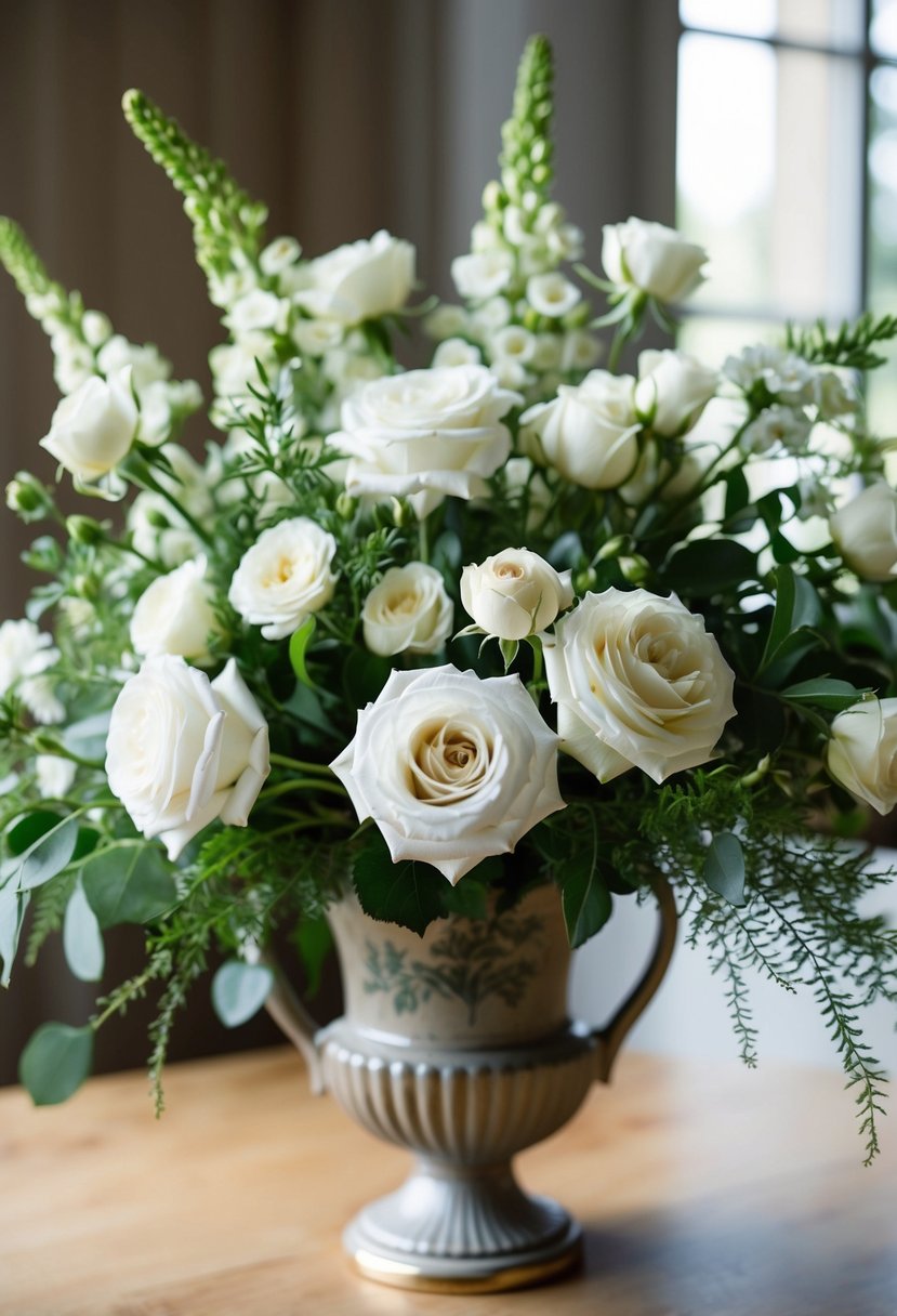 A lush bouquet of white garden roses and lisianthus, with delicate greenery, arranged in a vintage-inspired vase