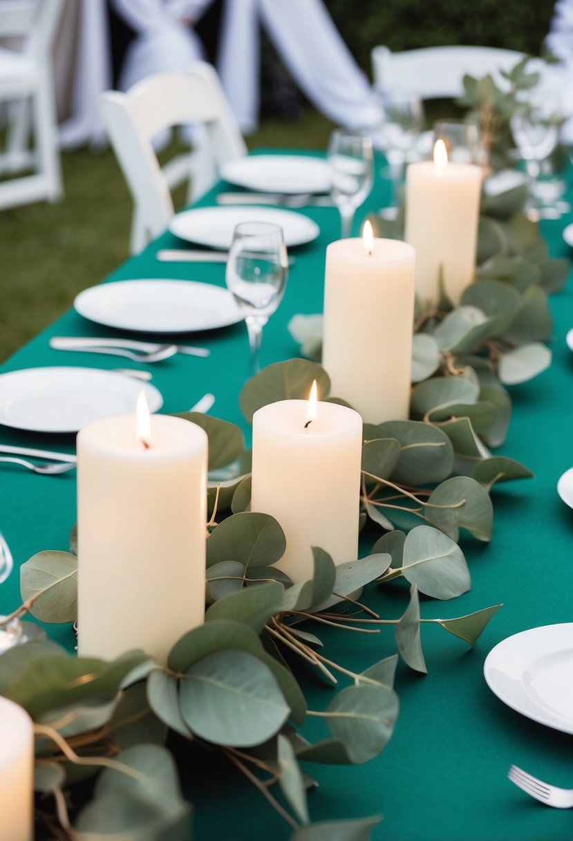 Eucalyptus garlands draped around pillar candles on a green wedding table