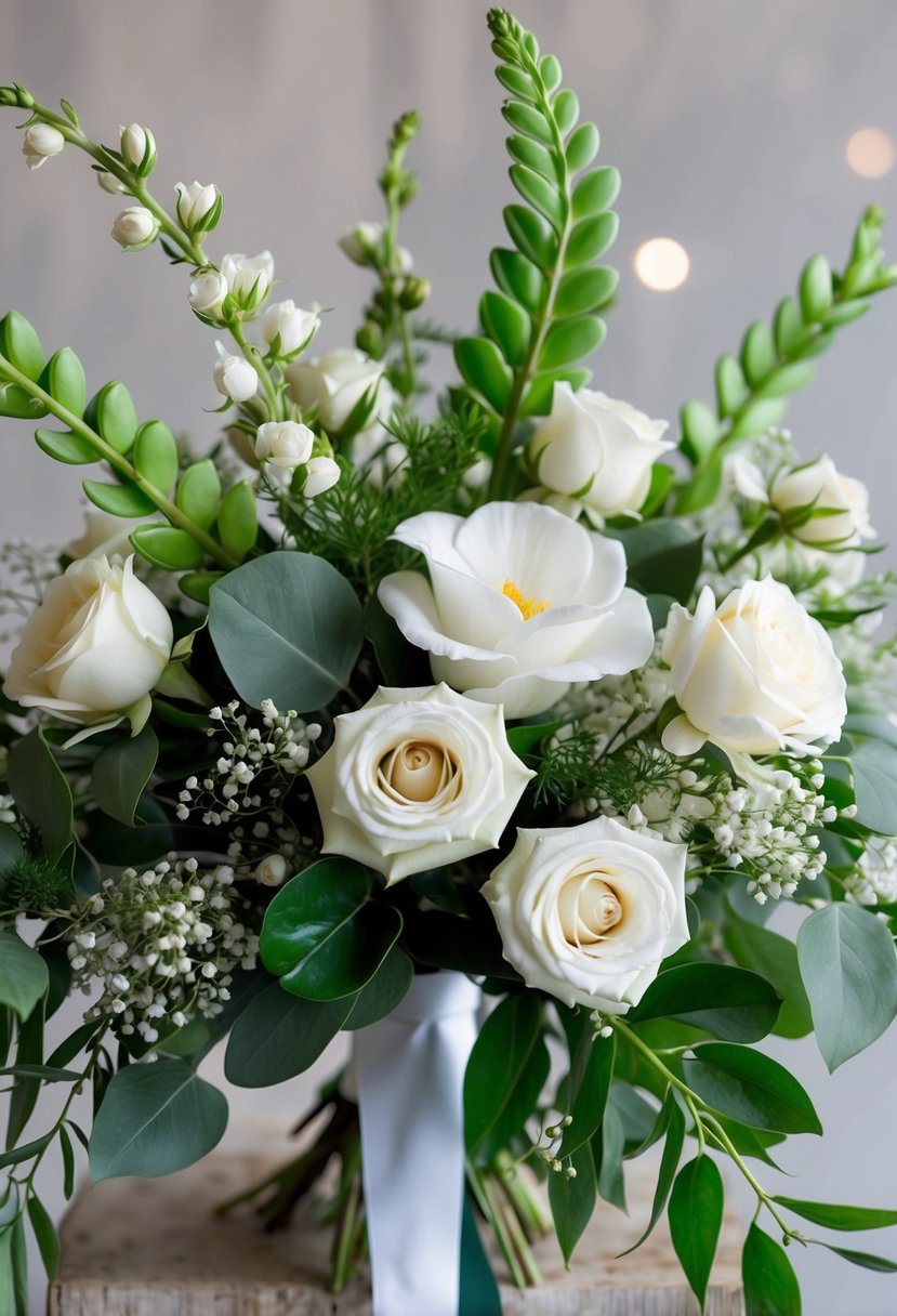 A delicate bouquet of sweet peas, gardenias, and white roses arranged in a cascading style, with greenery and baby's breath accents