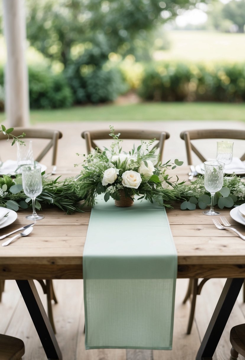 A sage green table runner drapes across a rustic wooden table, adorned with delicate greenery and white floral accents for a serene wedding setting