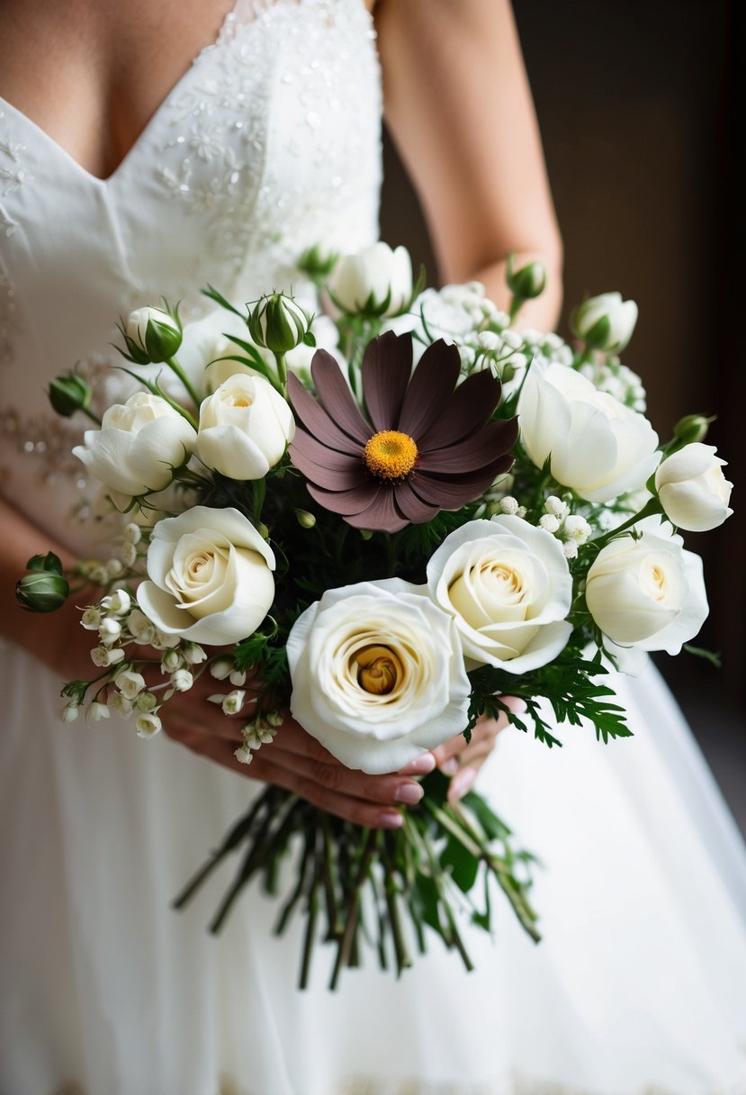 A bouquet of white roses and chocolate cosmos arranged in a delicate wedding bouquet