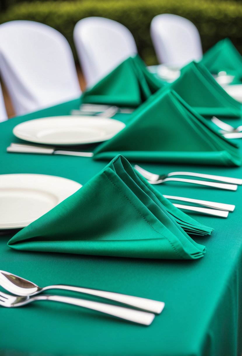 Emerald napkins arranged with silver cutlery on a green wedding table