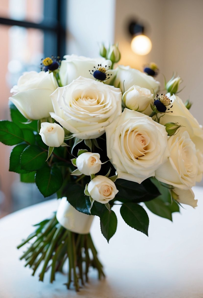 A delicate bouquet of white roses with Scabiosa accents