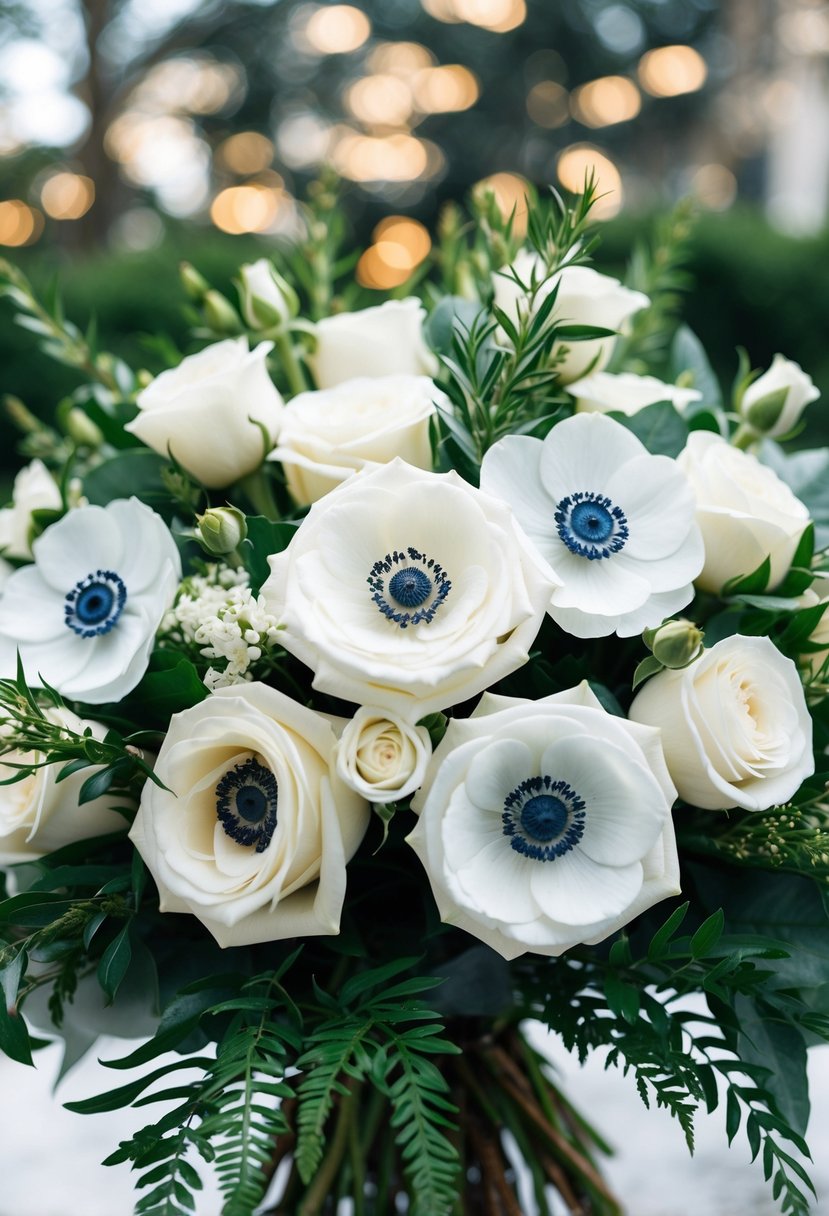 A lush bouquet of white roses and anemones intertwined with greenery