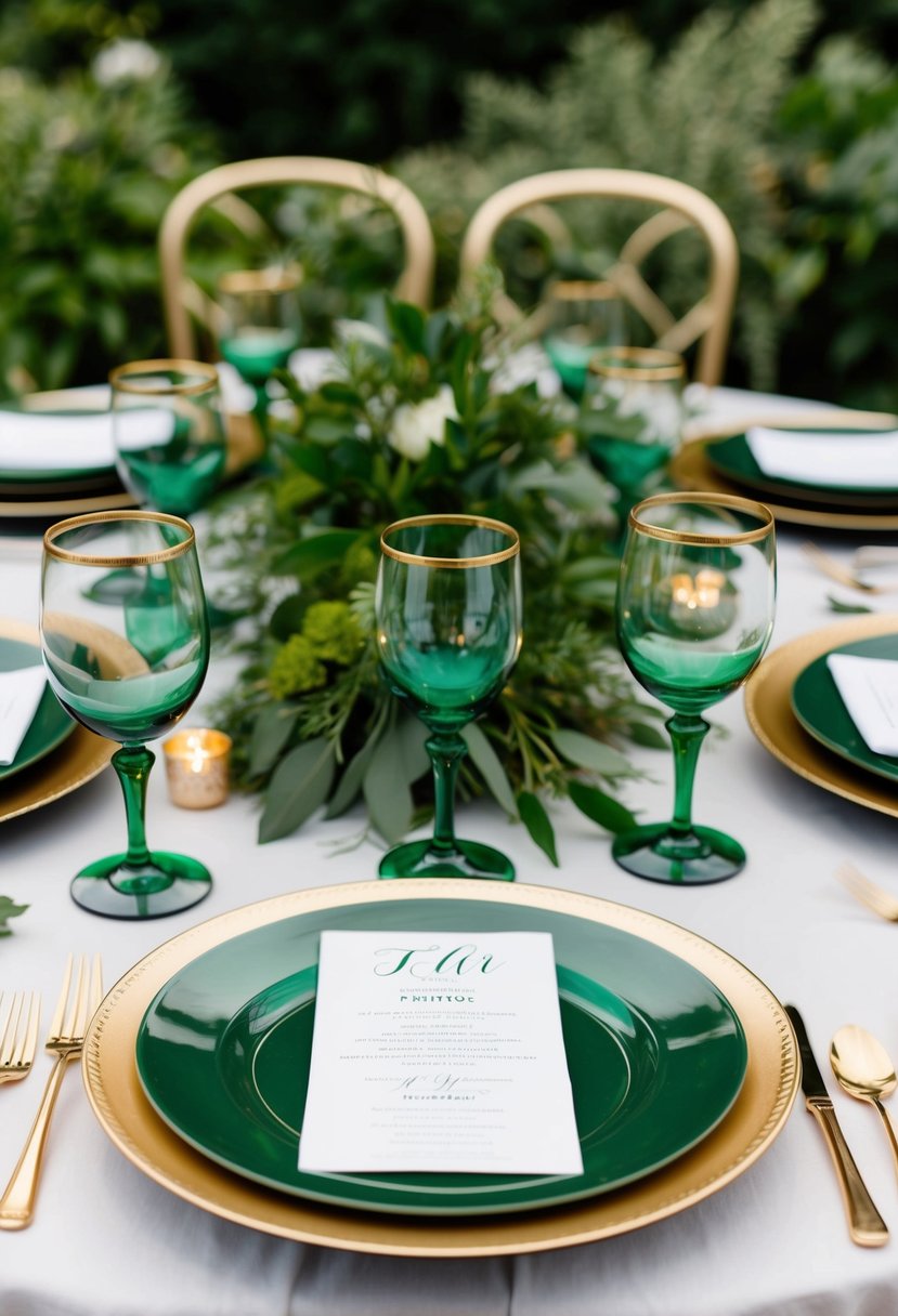 Gold-rimmed green glassware arranged on a table with lush greenery and gold accents for a wedding celebration