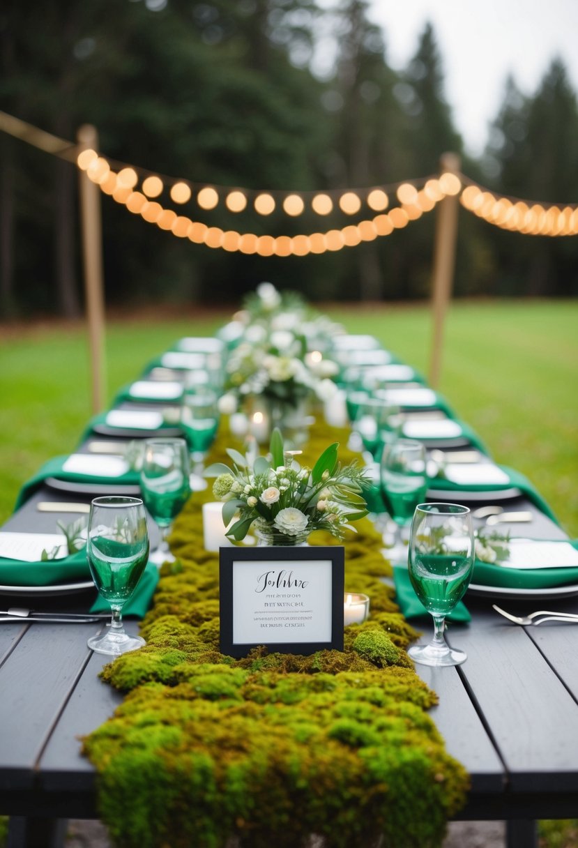 A moss-covered table with green wedding decorations