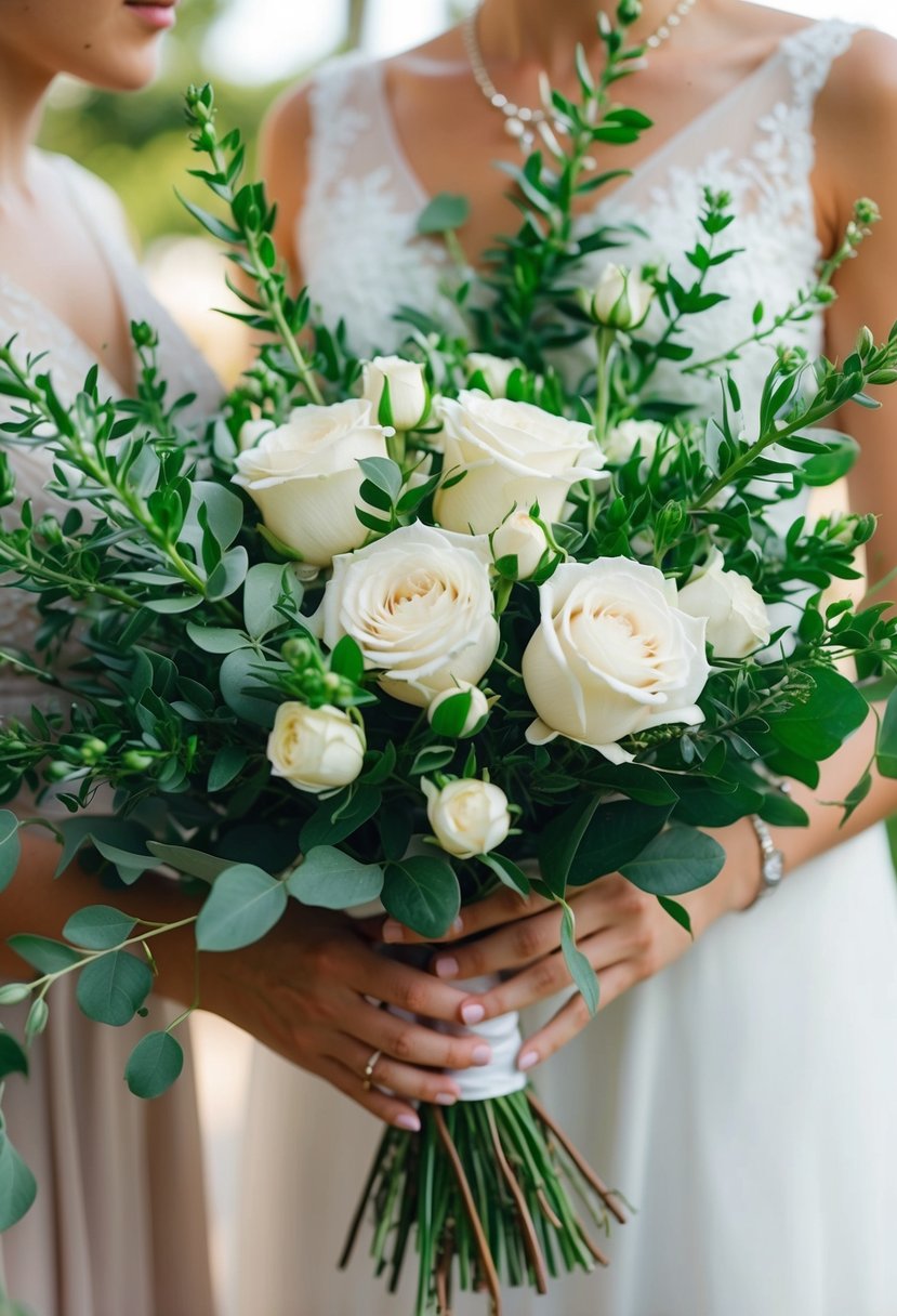 Lush green Italian ruscus intertwines with delicate white roses in a wedding bouquet