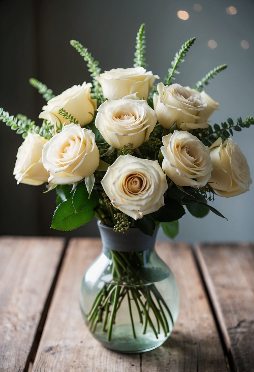 A bouquet of classic cream roses, accented with delicate greenery, sits in a simple glass vase on a rustic wooden table