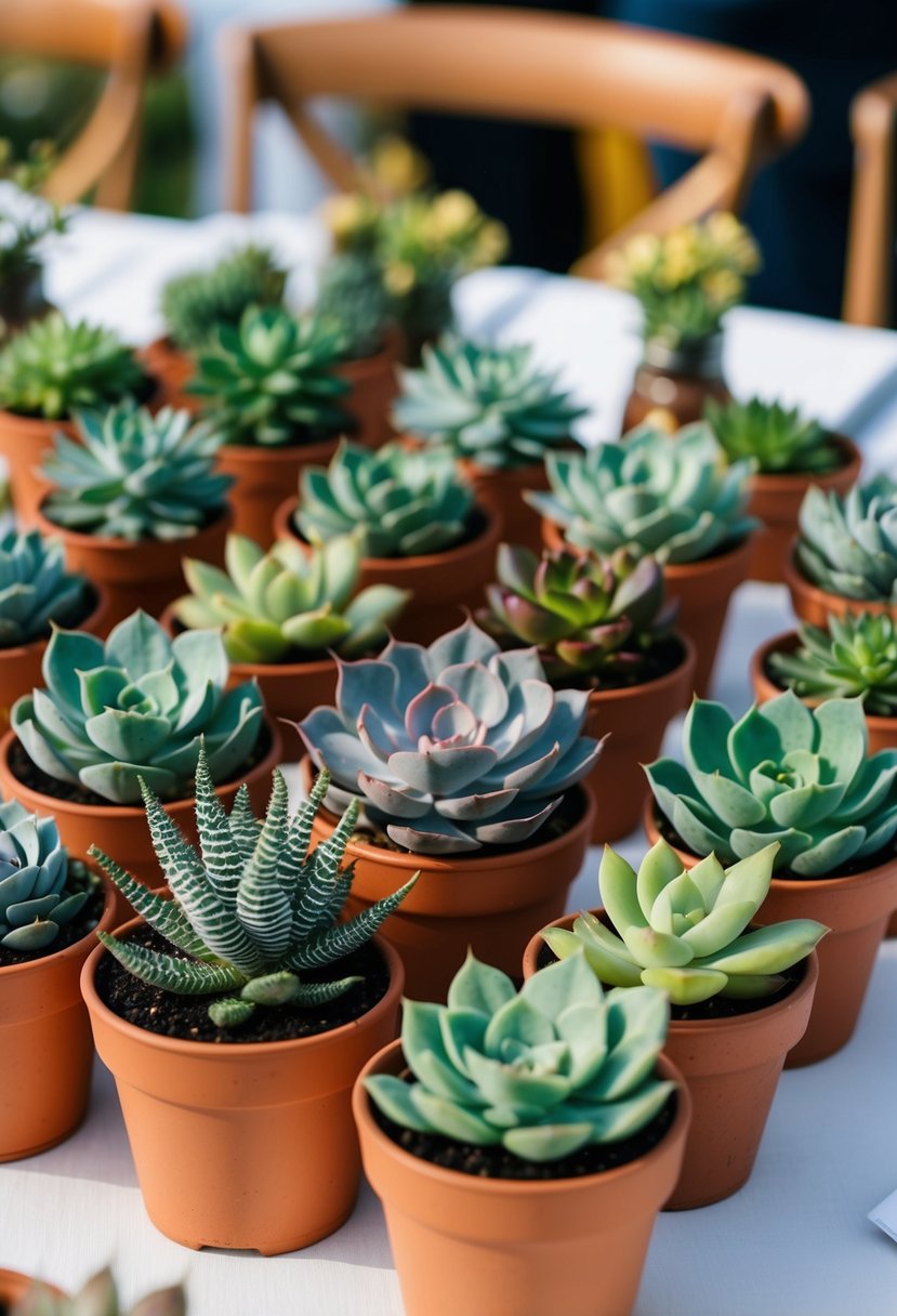 Mini pots filled with various succulents arranged as green table decorations for a wedding