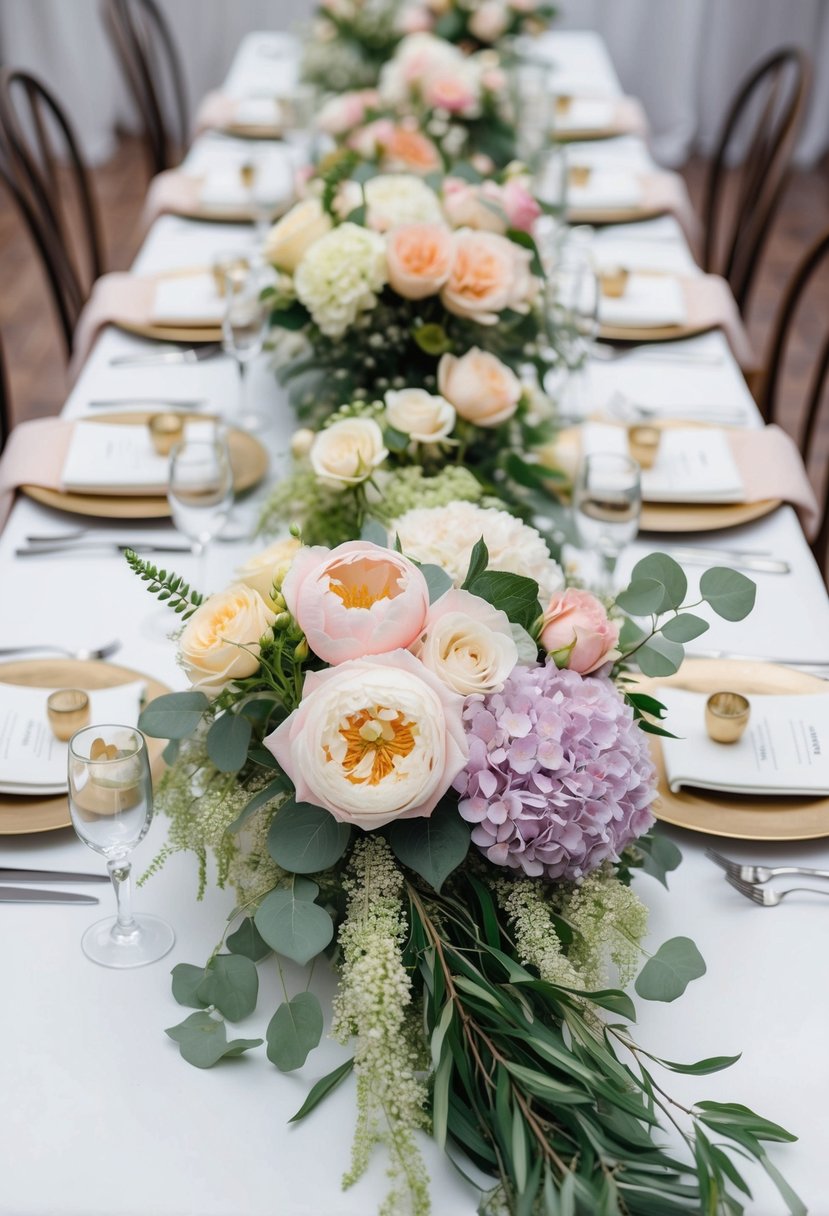 A table adorned with various floral arrangements in soft pastel colors, including roses, peonies, and hydrangeas, with delicate greenery cascading from the edges