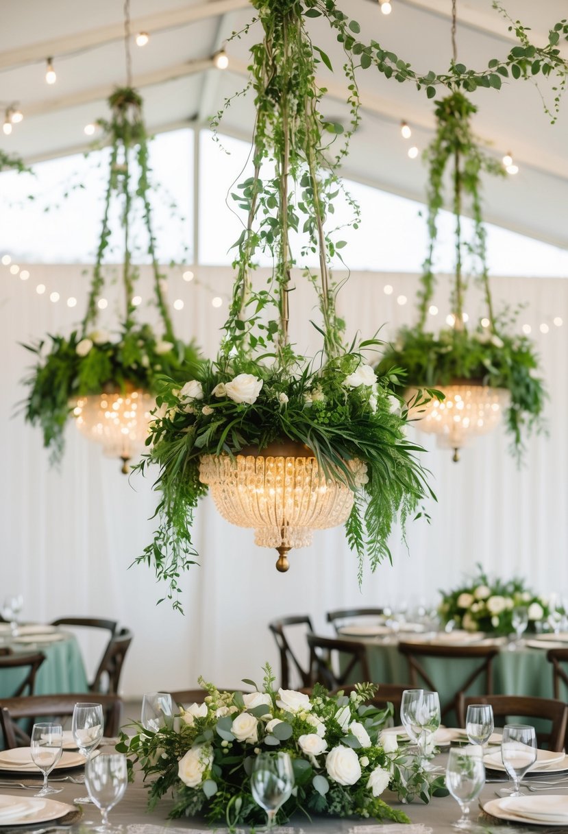 Greenery chandeliers hang above a wedding table, adorned with lush green foliage and delicate vines