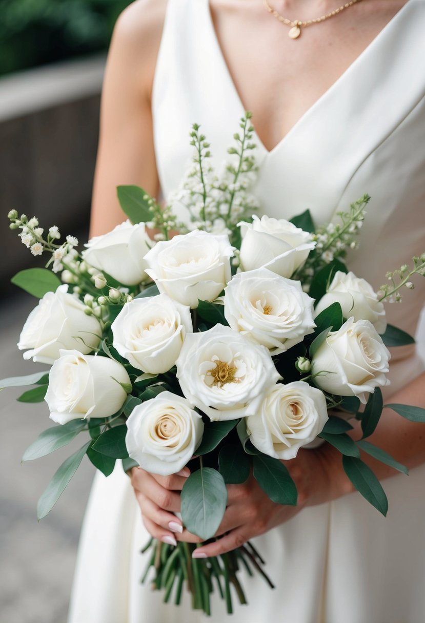 A white rose bouquet arranged in a clutch style, with delicate blooms and greenery