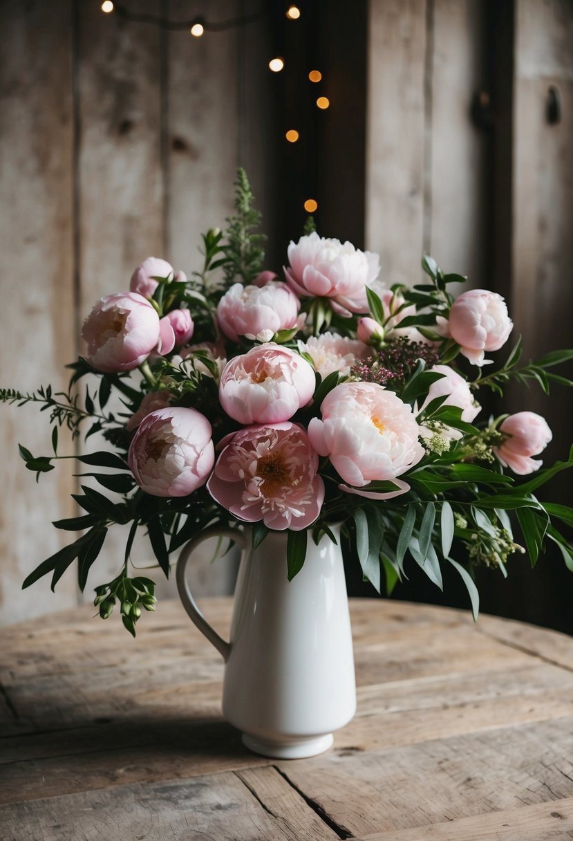 A lush bouquet of blush peonies and greenery in a white vase on a rustic wooden table