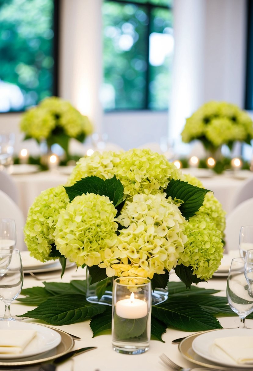 Lush green hydrangea centerpieces adorn wedding tables, creating a fresh and elegant atmosphere