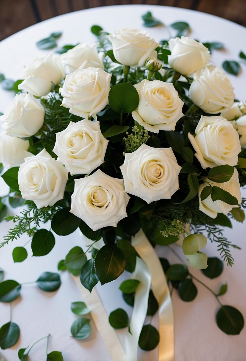 A table scattered with silk white roses, greenery, and ribbon for a DIY wedding bouquet