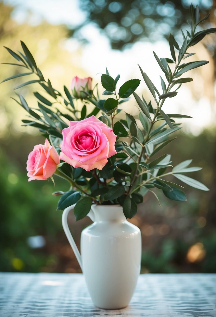 A garden rose and olive branch mix in a white vase