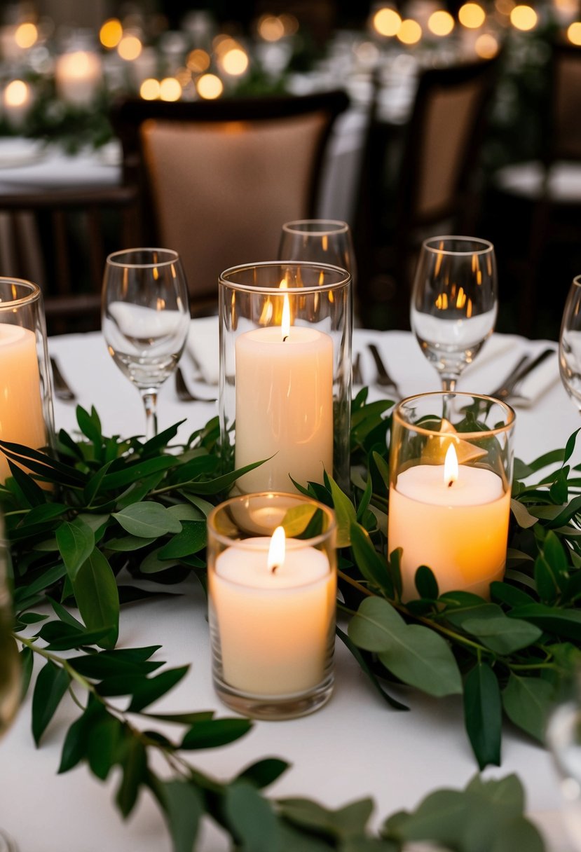 Lush green foliage encircles glass candle votives on a wedding reception table