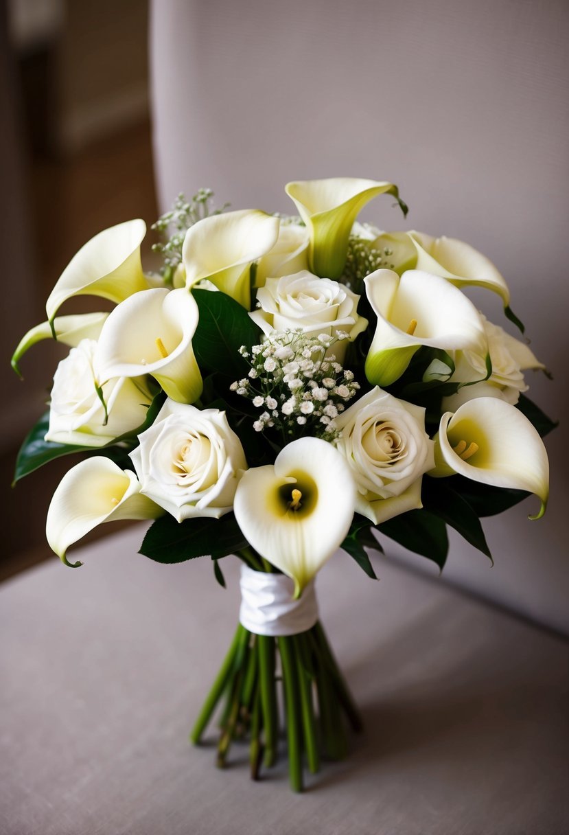 Calla lilies and white roses arranged in a charming wedding bouquet