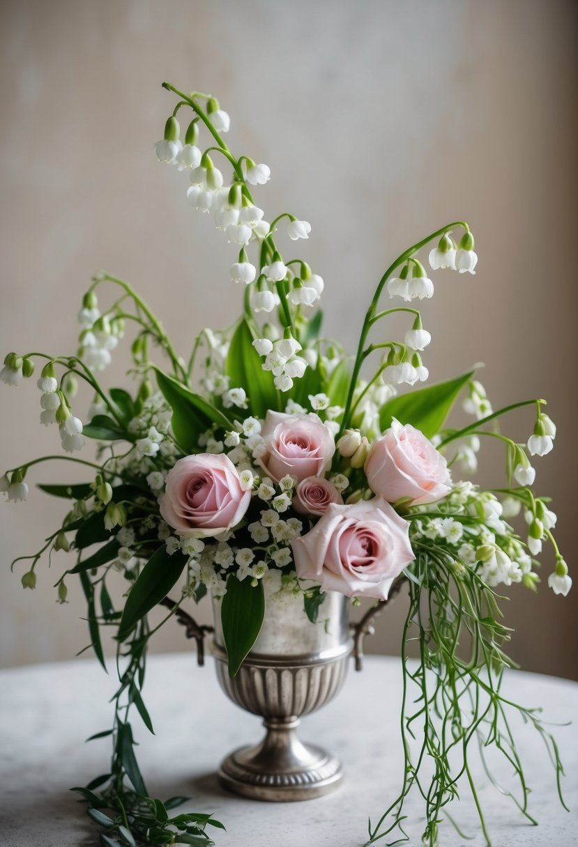 A delicate bouquet of Lily of the Valley, soft pink roses, and trailing greenery arranged in a vintage silver vase