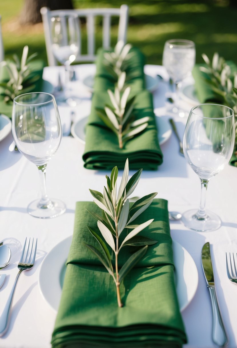 Fresh green napkins adorned with olive branch sprigs, elegantly arranged on a wedding reception table